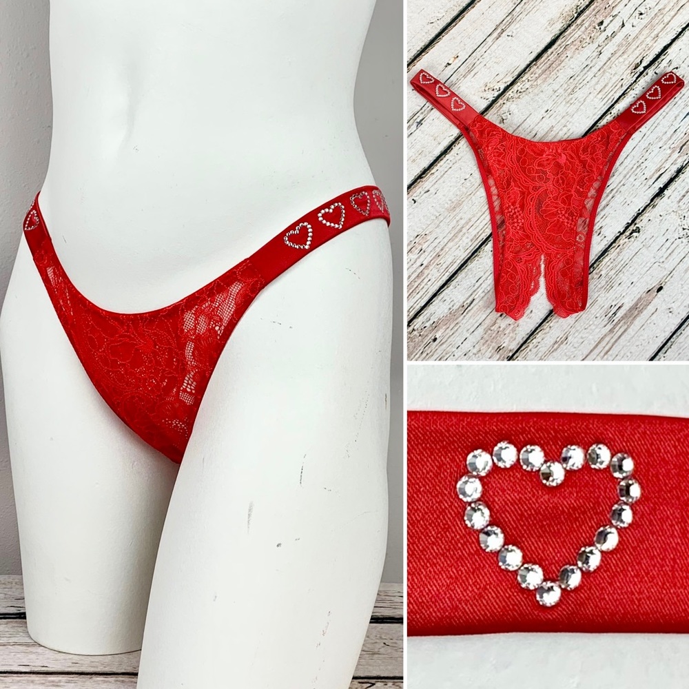 NWT Large Victoria’s Secret Crotchless Panties Heart Shine Strap Lace Red Panty